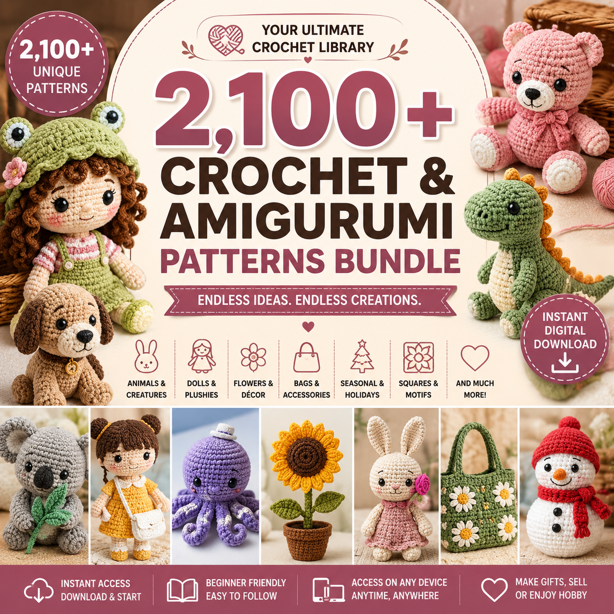 2,100+ Crochet & Amigurumi Patterns Mega Bundle | Digital Crochet Pattern Collection | Instant Download