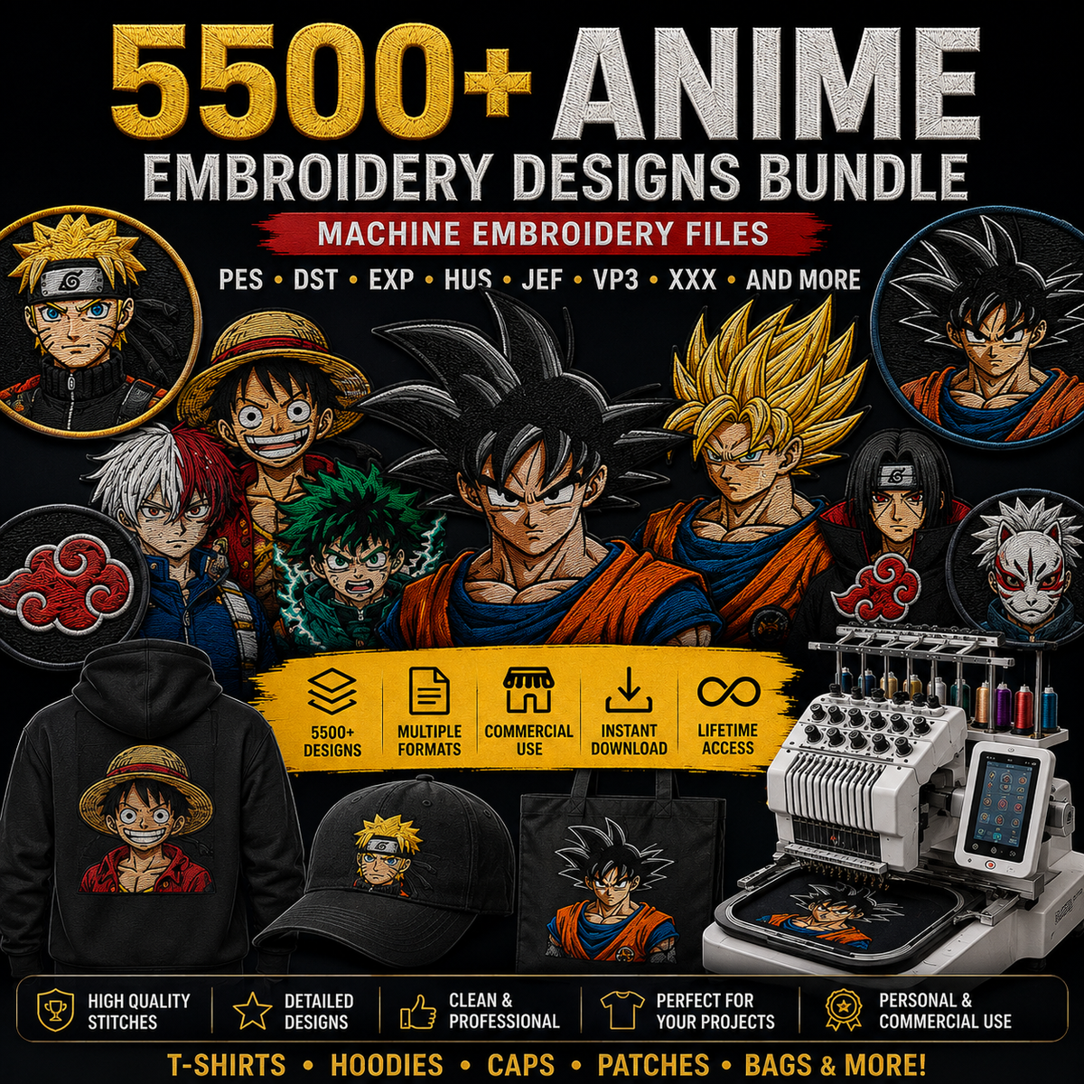5500+ Anime Embroidery Designs Bundle – PES, DST, JEF, EXP, HUS, VP3, XXX | Machine Embroidery Files | Commercial Use