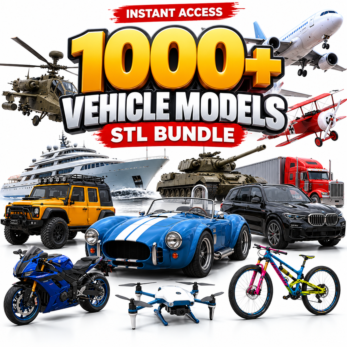1000+ Vehicle STL 3D Models Bundle | Cars, Bikes, Aircraft, Ships, Tanks, Trains & Trucks