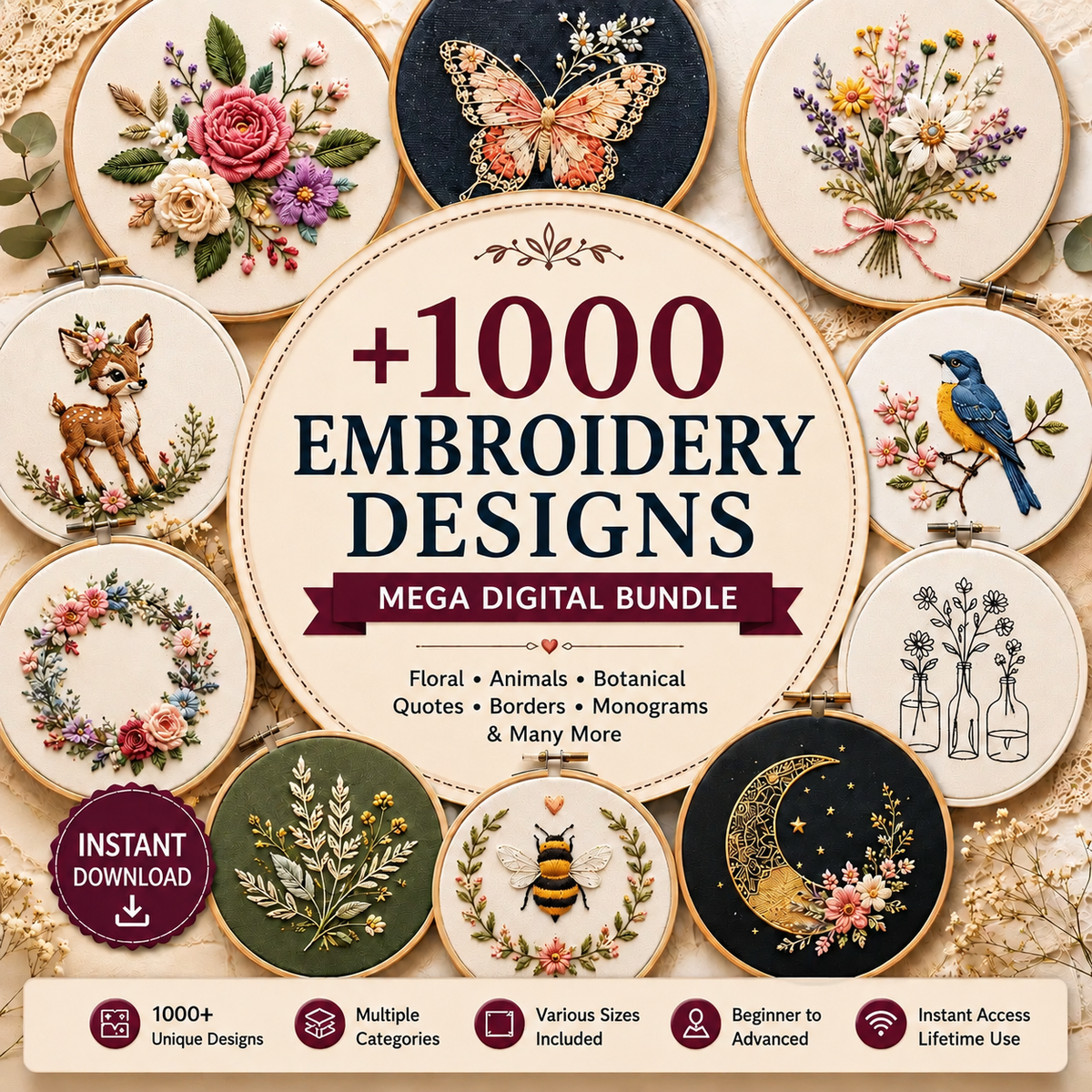 1000+ Premium Machine Embroidery Designs | Mega Digital Bundle | Commercial Use | Instant Download