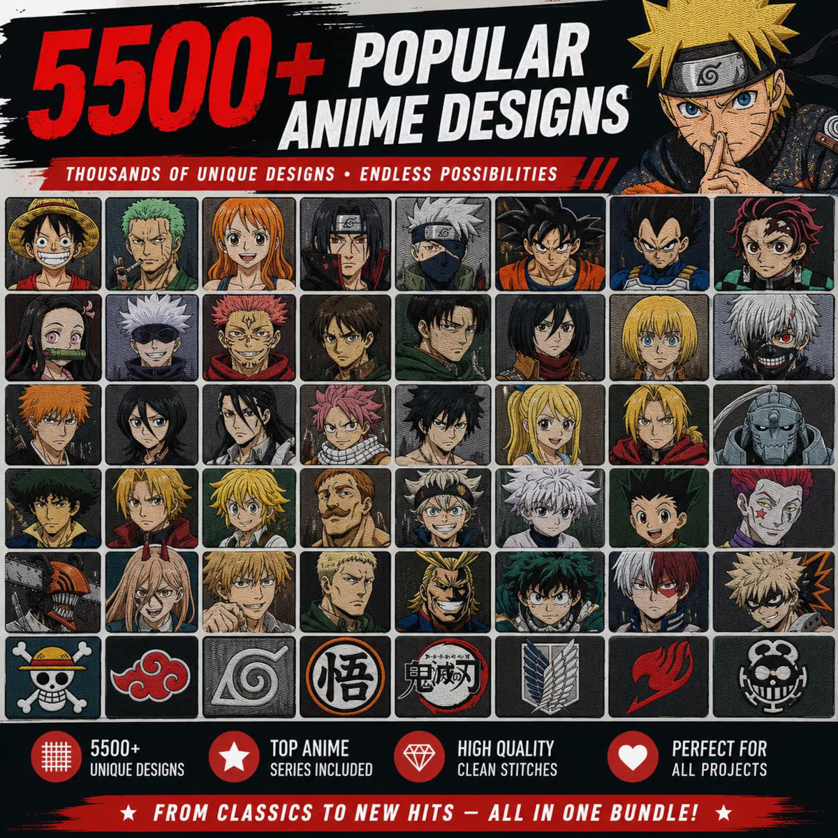 5500+ Anime Embroidery Designs Bundle – PES, DST, JEF, EXP, HUS, VP3, XXX | Machine Embroidery Files | Commercial Use